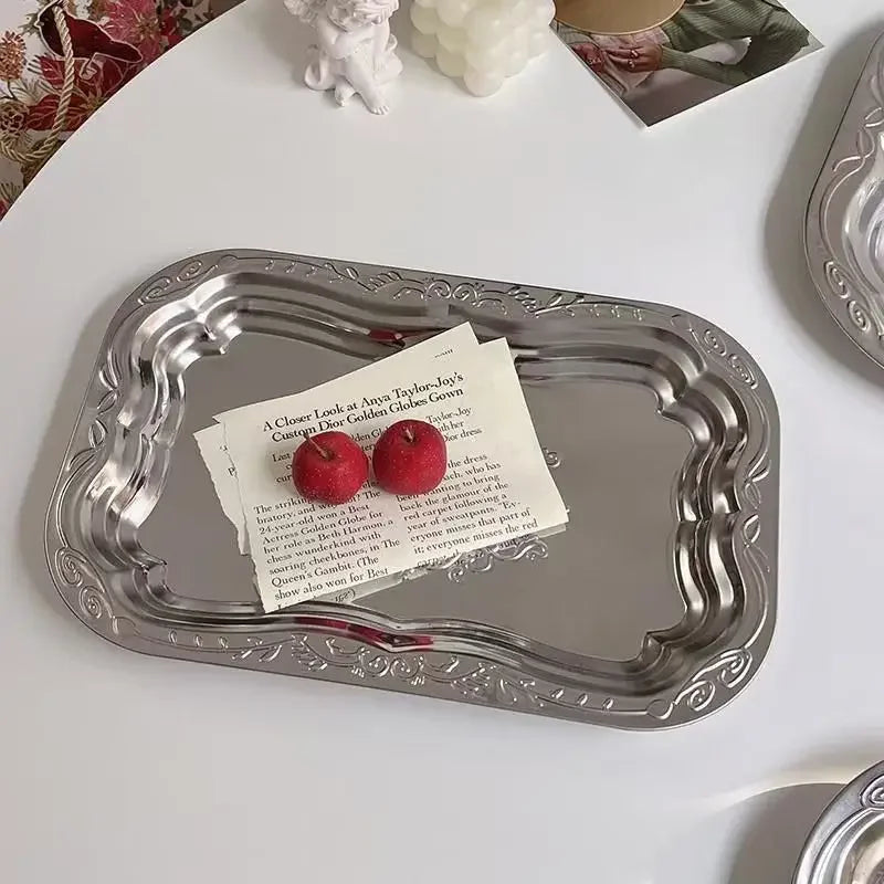 1PCS Stainless Steel Rectangular Tray with Embossed Design for Kitchen Living Room Storage Durable Fruit Snack Cake Serving Dish