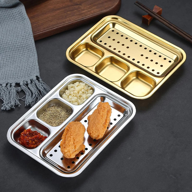 4 Grid 304 Stainless Steel Food Tray Oil Drain Barbecue Sauce Snack Trays Divided Dinner Tray Lunch Fruit Snack Container