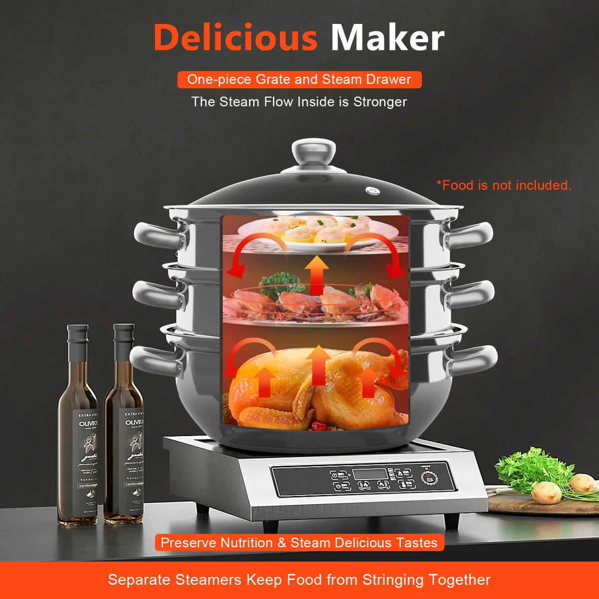 11 Inch 3-Tier Stainless Steel Food Steamer Pot with Lid