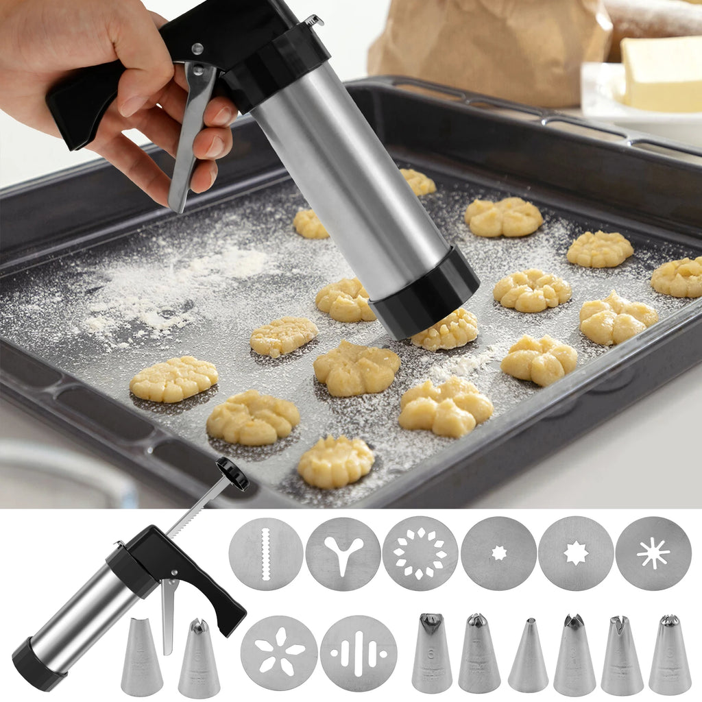 Stainless Steel Churro Maker and Cookie Press Gun Kit with 8 Nozzles