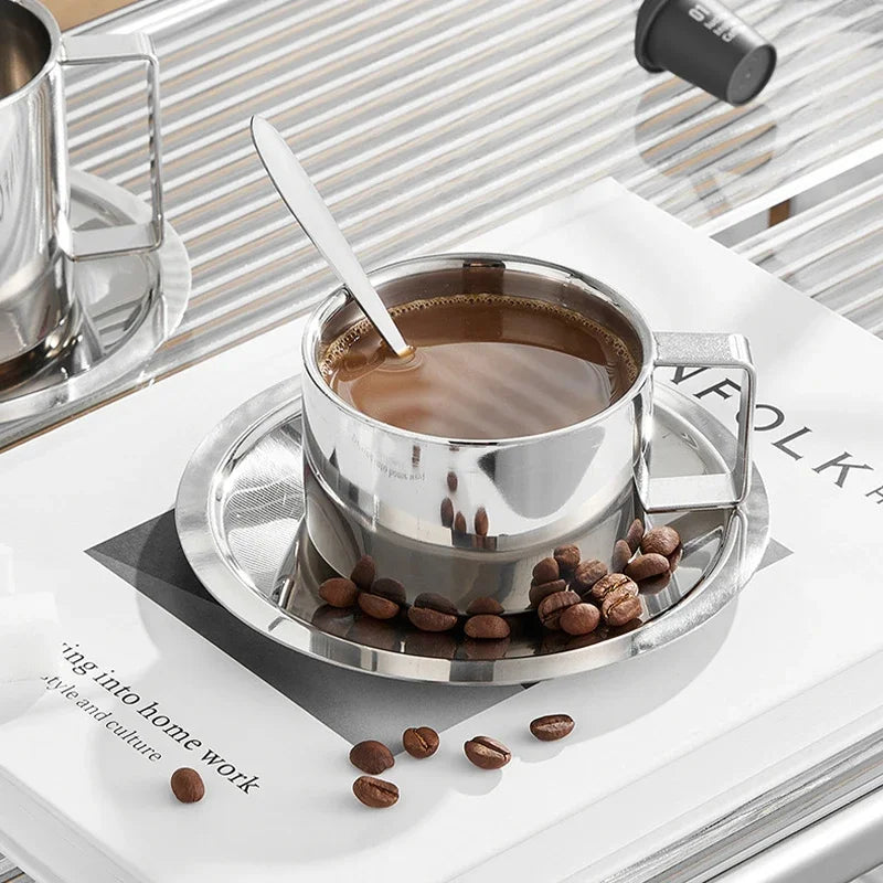 Korean Style Niche Coffee Cup and Saucer Set Retro Stainless Steel Coffee Cup Small Exquisite Posing Vlog Afternoon Tea Cup