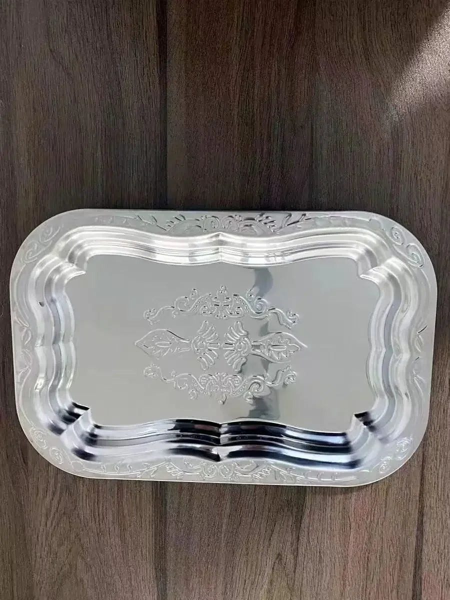 1PCS Stainless Steel Rectangular Tray with Embossed Design for Kitchen Living Room Storage Durable Fruit Snack Cake Serving Dish