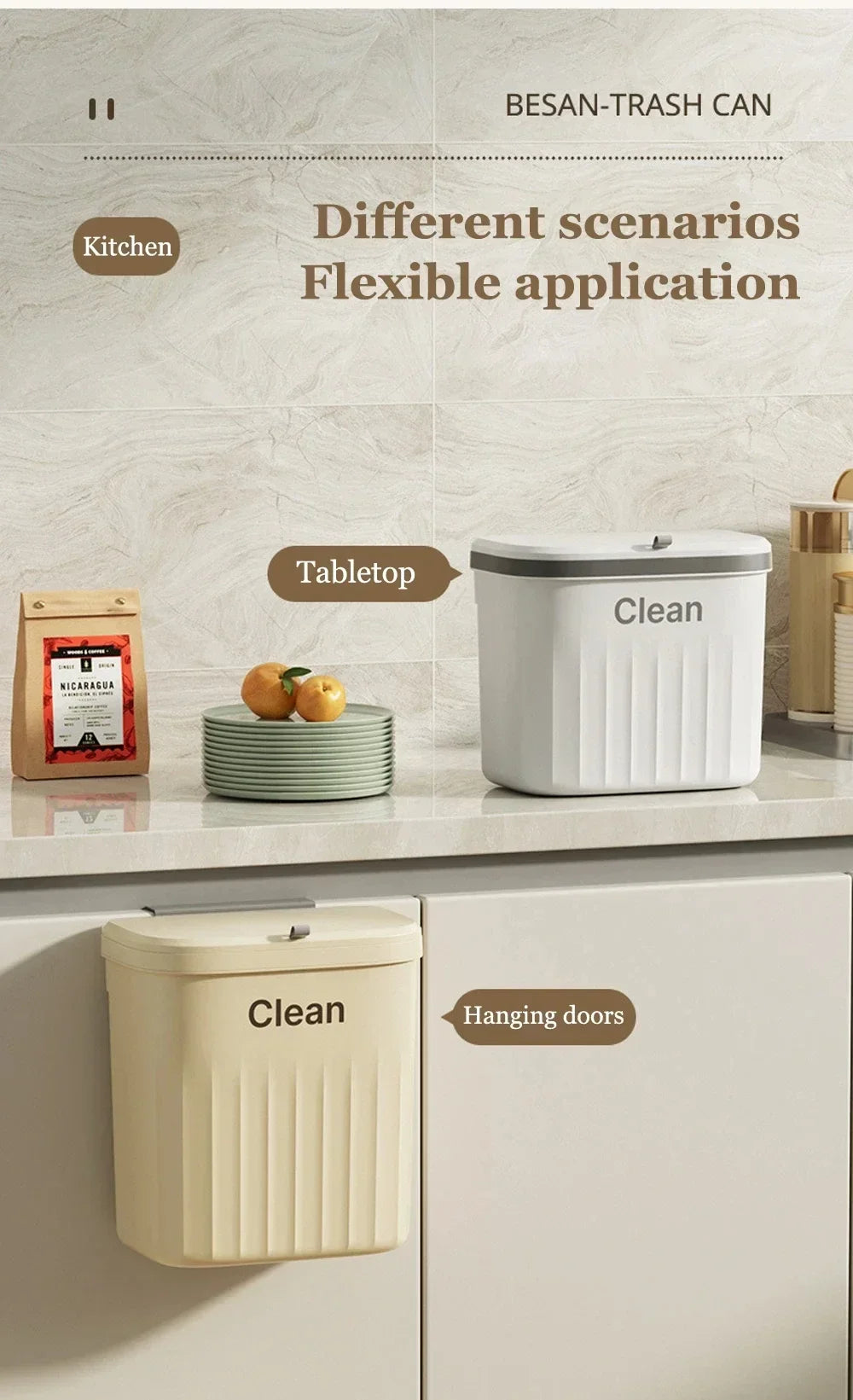 Wall-Mounted Kitchen Waste Bin with Lid, 8.5L or 12L