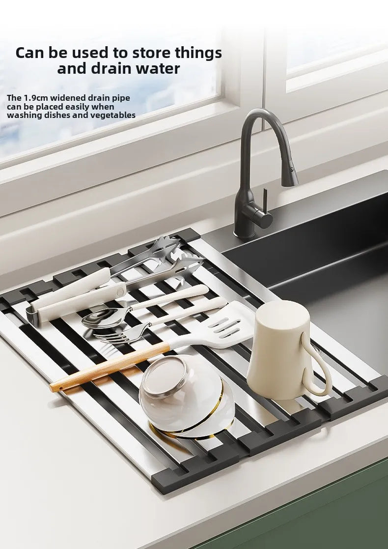 304 Stainless Steel Foldable Sink Drain Rack and Basket, Retractable, 35 to 45 cm