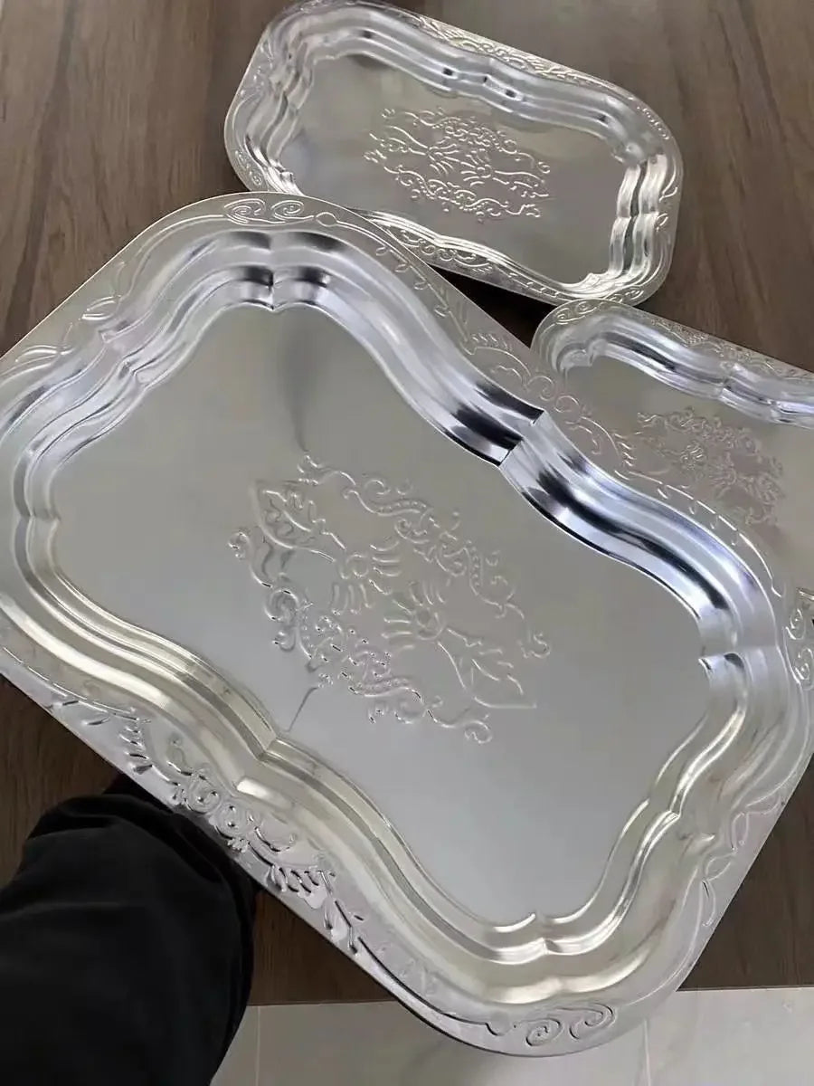 1PCS Stainless Steel Rectangular Tray with Embossed Design for Kitchen Living Room Storage Durable Fruit Snack Cake Serving Dish
