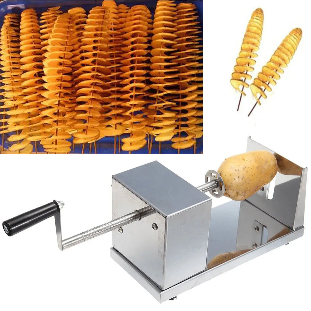 Stainless Steel Hand-Cranked Spiral Potato Cutter, Chip Maker and Apple Slicer