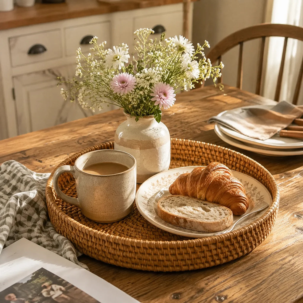 Hand-Woven Rattan Round Tray Basket, Bread and Fruit Basket, 22, 24 or 28 cm