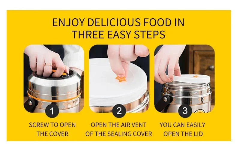 Stainless Steel Insulated Lunch Box, 3 Tier Bento Food Carrier, 1.5 L, 2 L or 2.5 L