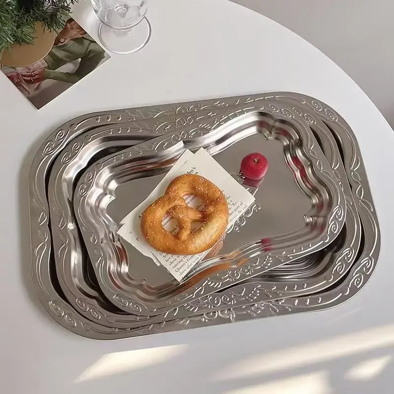 1PCS Stainless Steel Rectangular Tray with Embossed Design for Kitchen Living Room Storage Durable Fruit Snack Cake Serving Dish