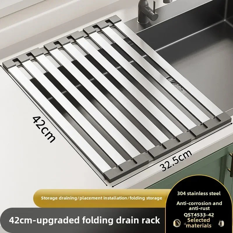 304 Stainless Steel Foldable Sink Drain Rack and Basket, Retractable, 35 to 45 cm