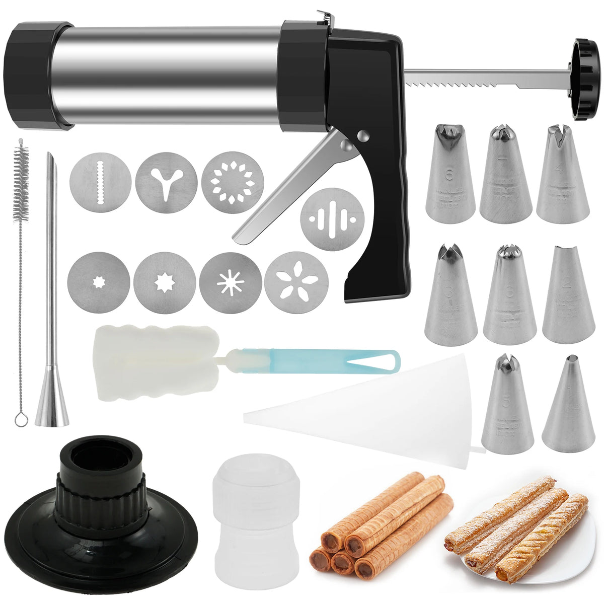 Stainless Steel Churro Maker and Cookie Press Gun Kit with 8 Nozzles