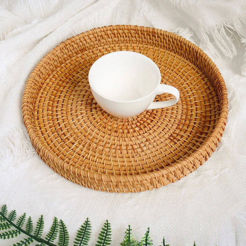 Hand-Woven Rattan Round Tray Basket, Bread and Fruit Basket, 22, 24 or 28 cm