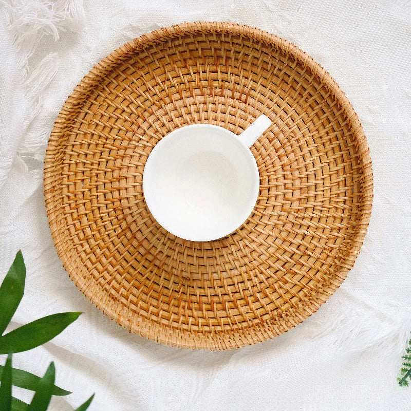 Hand-Woven Rattan Round Tray Basket, Bread and Fruit Basket, 22, 24 or 28 cm