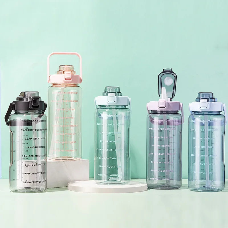 2 L Plastic Water Bottle with Straw and Time Markers, Sports Bottle, 5 Colours