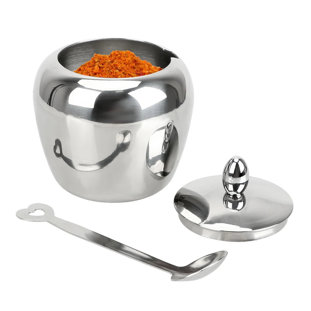 Apple Sugar Bowl Seasoning Jar Kitchen Accessories With Lid and Spoon Condiment Pot Spice Container Stainless Steel Tableware