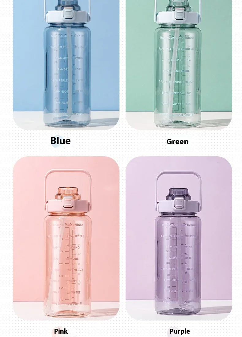 2 L Plastic Water Bottle with Straw and Time Markers, Sports Bottle, 5 Colours