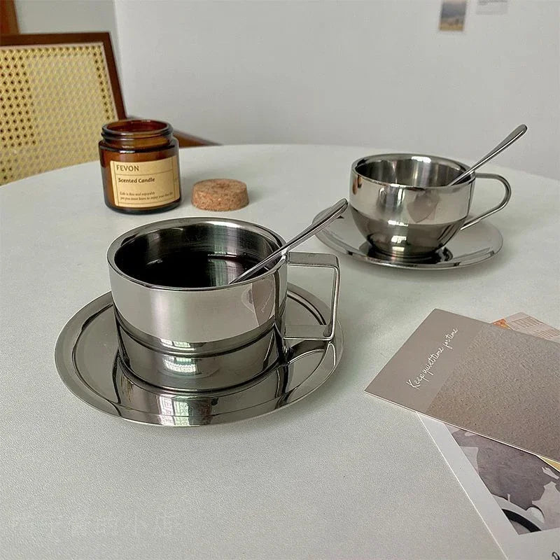 Korean Style Niche Coffee Cup and Saucer Set Retro Stainless Steel Coffee Cup Small Exquisite Posing Vlog Afternoon Tea Cup