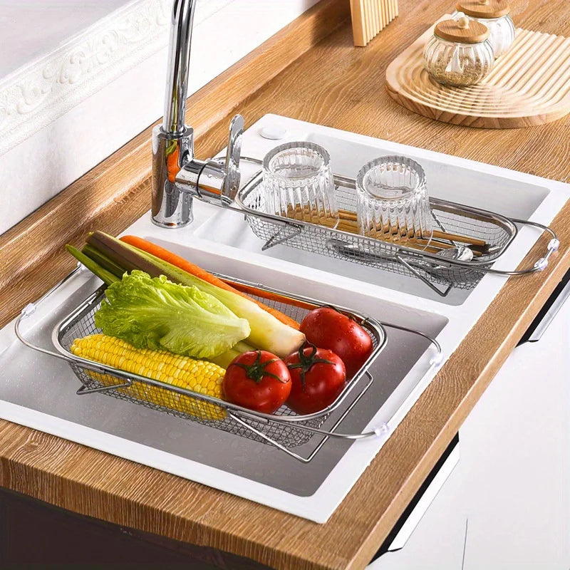 Stainless Steel Over Sink Colander with Telescopic Handle, 45 cm Mesh Strainer Basket