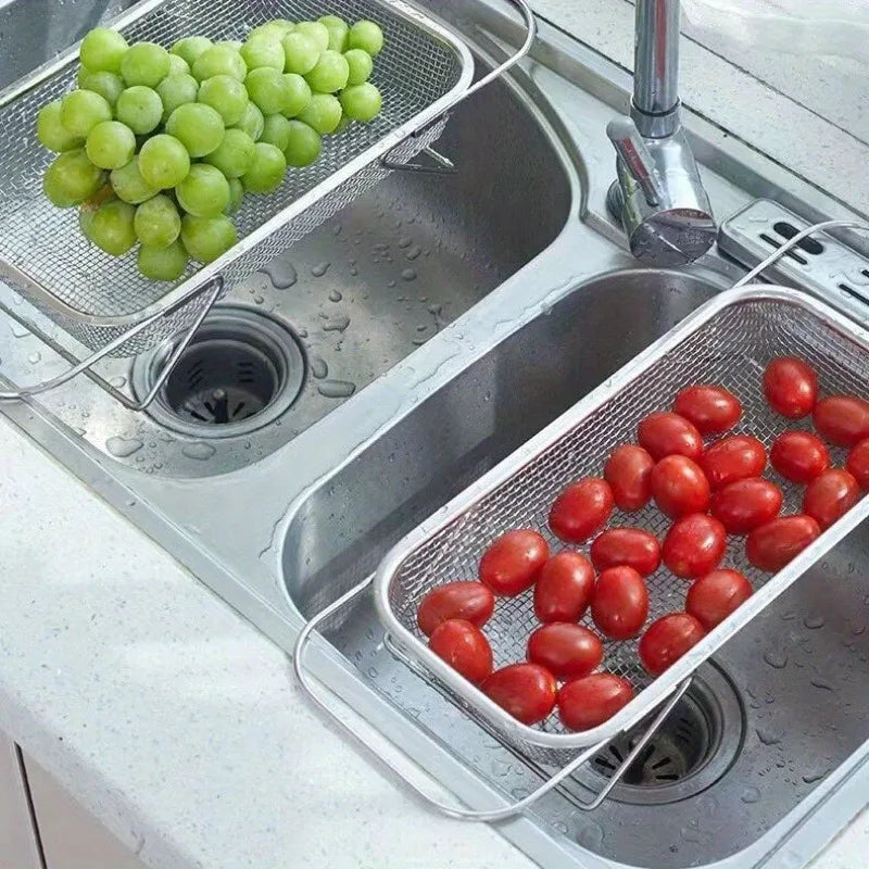 Stainless Steel Over Sink Colander with Telescopic Handle, 45 cm Mesh Strainer Basket