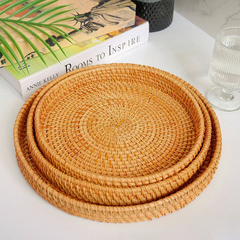 Hand-Woven Rattan Round Tray Basket, Bread and Fruit Basket, 22, 24 or 28 cm