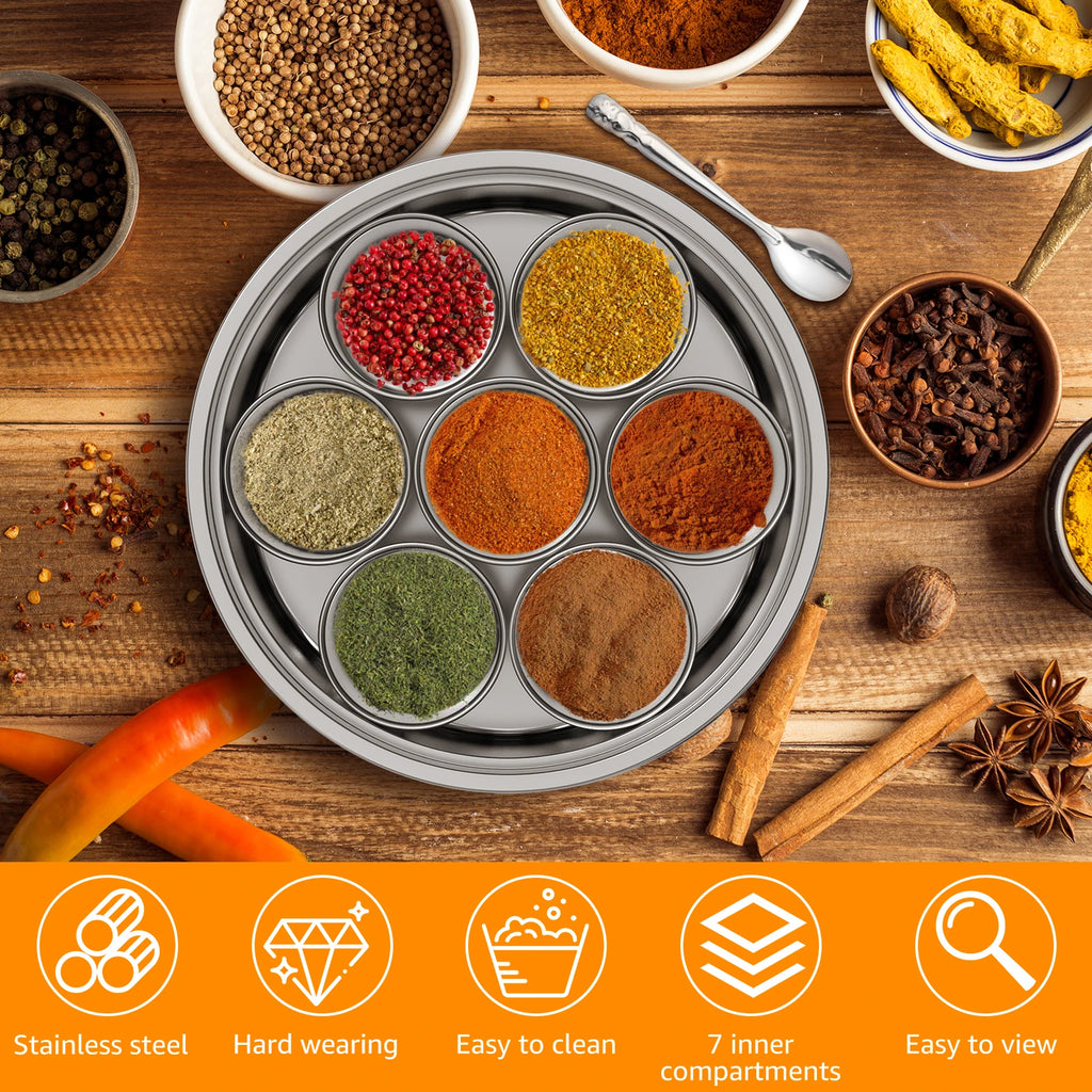 Masala Dabba Spice Box Stainless Steel Spice Storage Container with 7 Compartments Indian Spice Box with Transparent Lid & Spoon