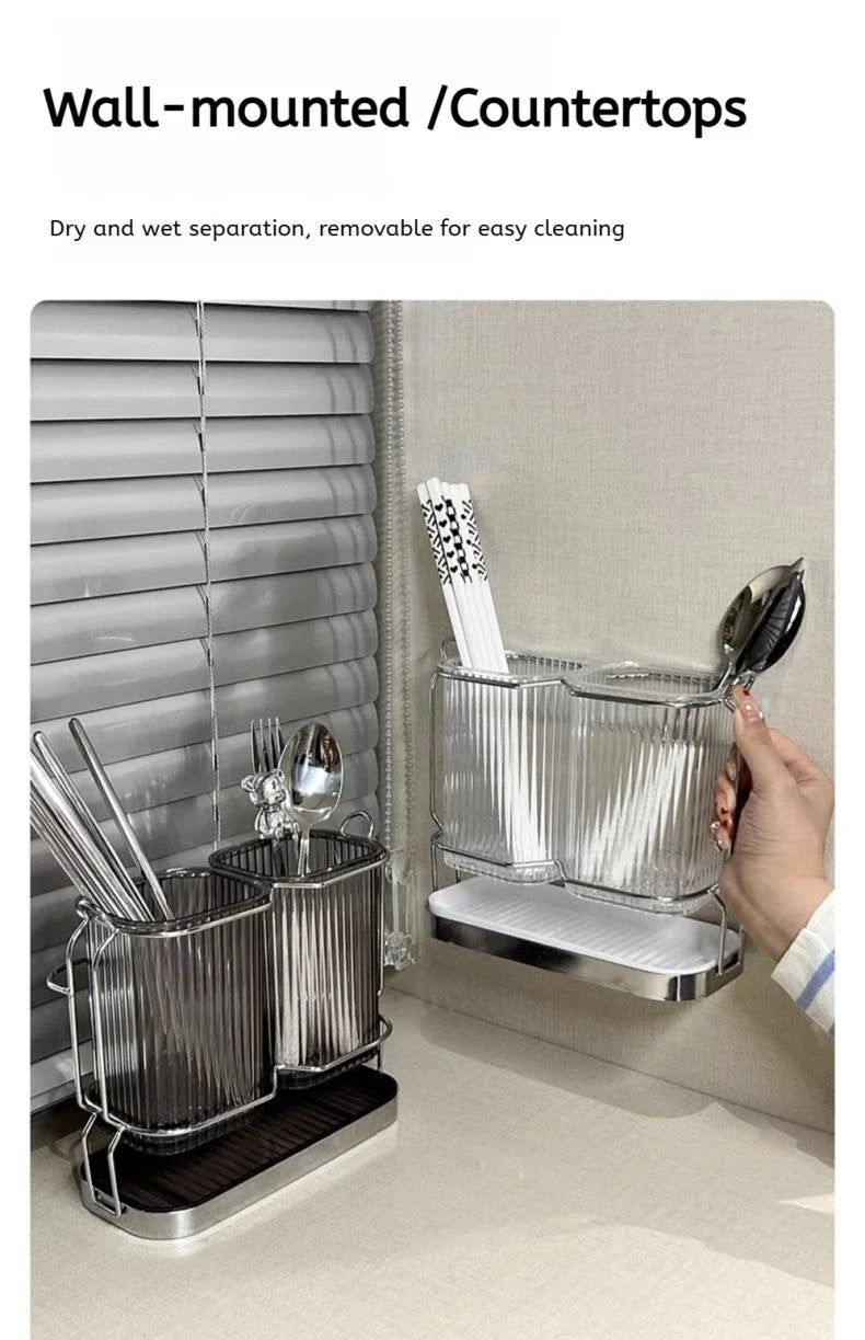 Wall-Mounted Kitchen Utensil Drying Rack and Cutlery Holder with Removable Water Tray, 3 Styles