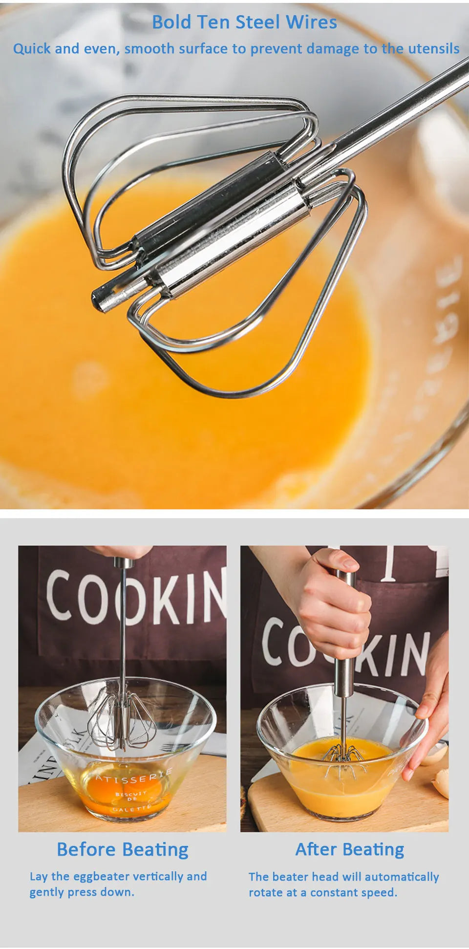 Semi-Automatic Stainless Steel Hand Whisk, Push Action