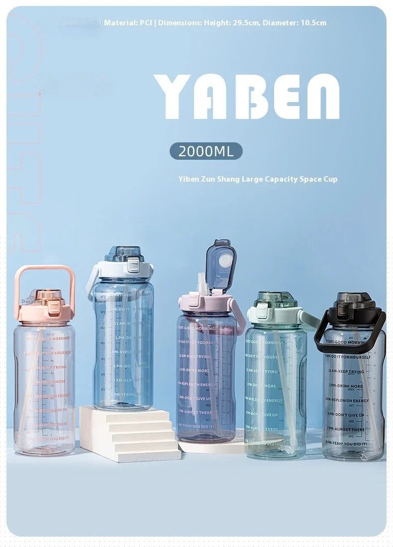 2 L Plastic Water Bottle with Straw and Time Markers, Sports Bottle, 5 Colours
