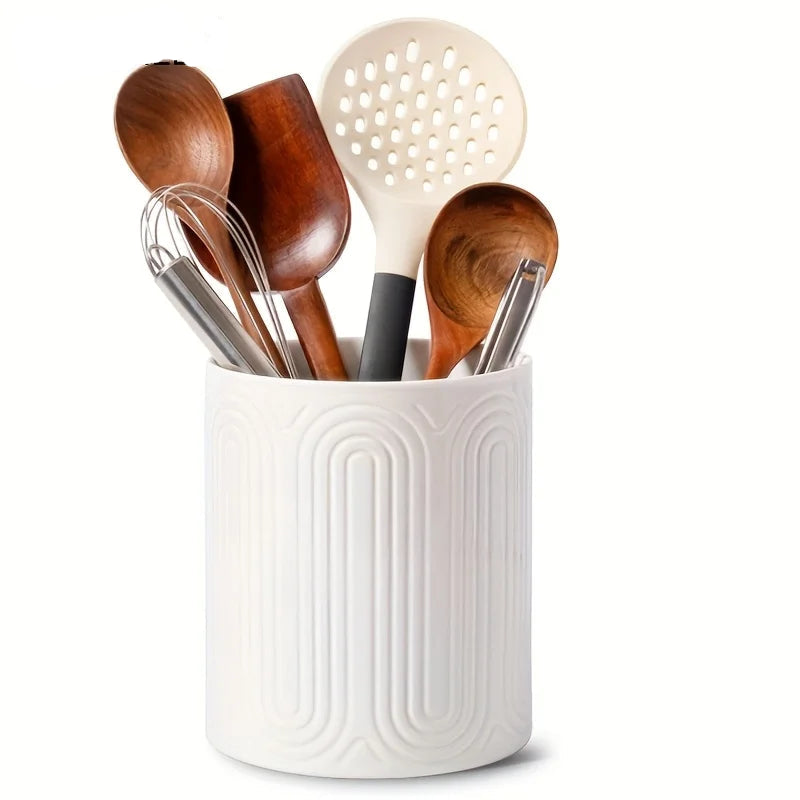 White Ceramic Utensil Holder for Kitchen Worktop