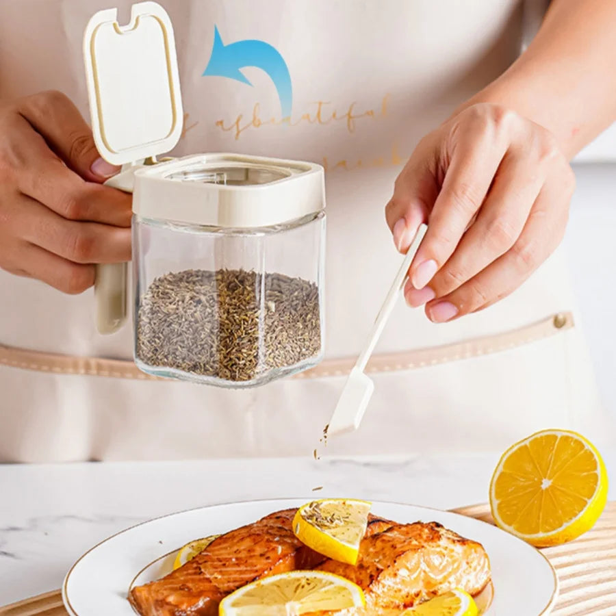 1pc Glass Seasoning Jar with Spoon Sugar Bowl Salt Shaker Pepper Spices Container Kitchen Tools Supplies Storage Spice Boxes