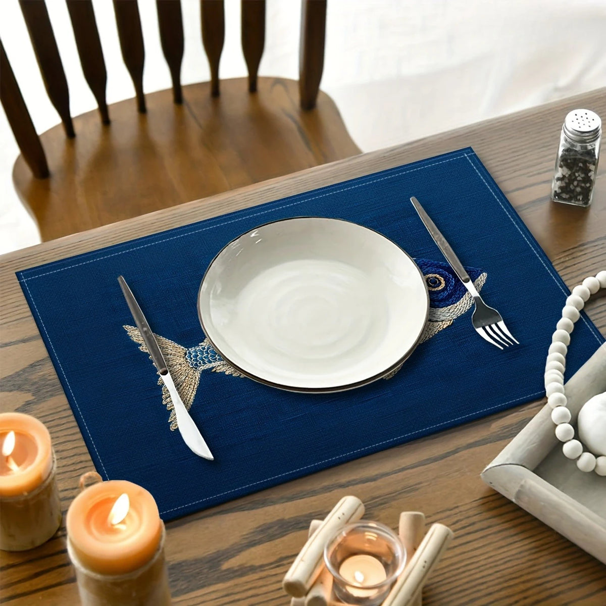 Blue Linen Placemat with Embroidered Fish Pattern