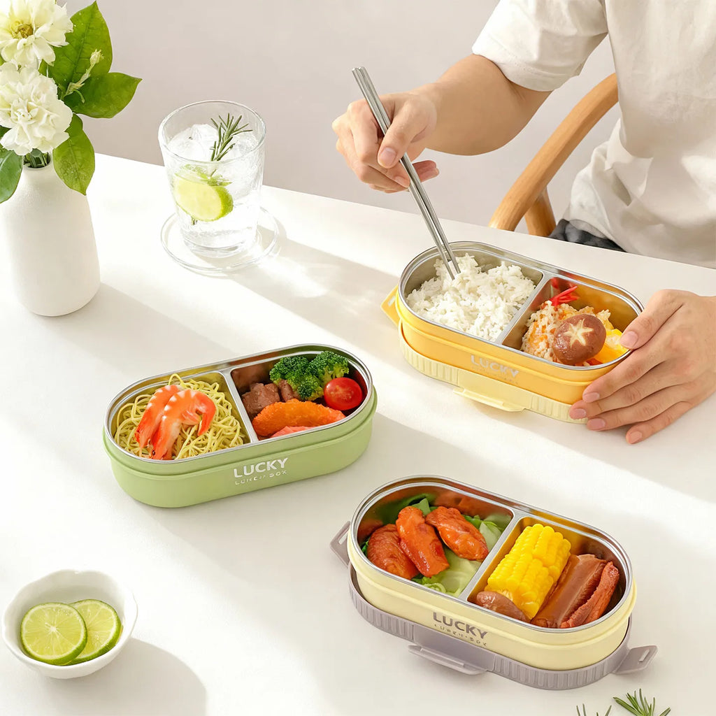 304 Stainless Steel Oval Insulated Lunch Box with Dividers, Leak-Proof, 850 to 1650 ml