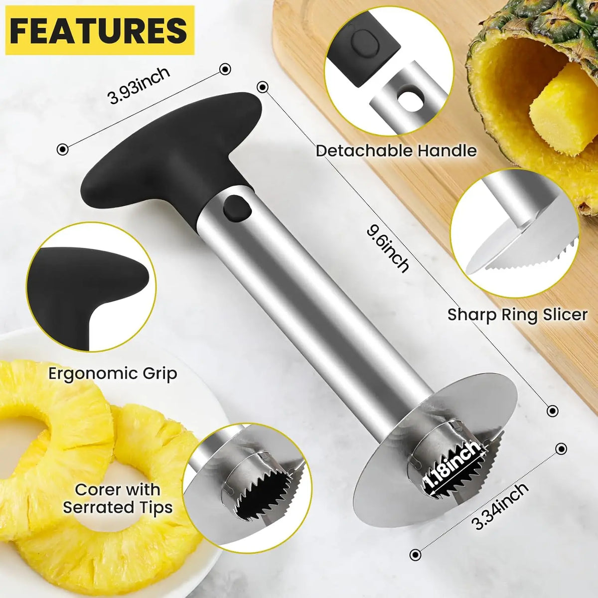 Pineapple Corer and Slicer Tool - Sharp Pineapple Cutter with Serrated Tips Easy to Use and Clean - Stainless Steel Core Remover