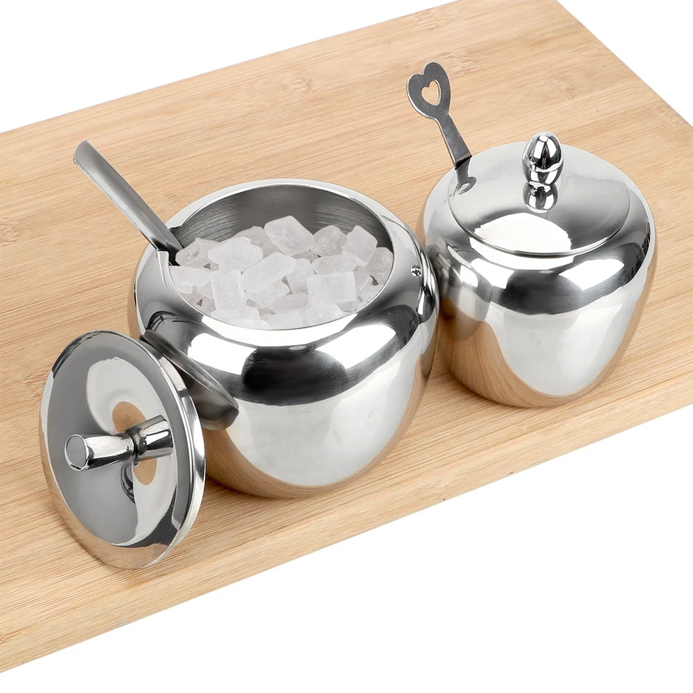 Apple Sugar Bowl Seasoning Jar Kitchen Accessories With Lid and Spoon Condiment Pot Spice Container Stainless Steel Tableware