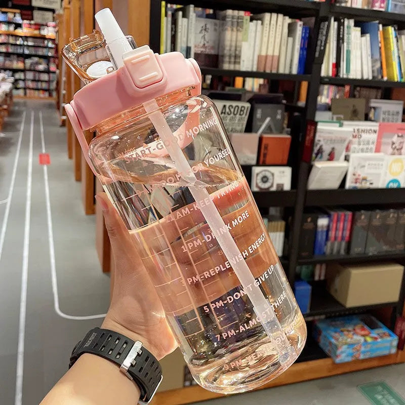 2 L Plastic Water Bottle with Straw and Time Markers, Sports Bottle, 5 Colours