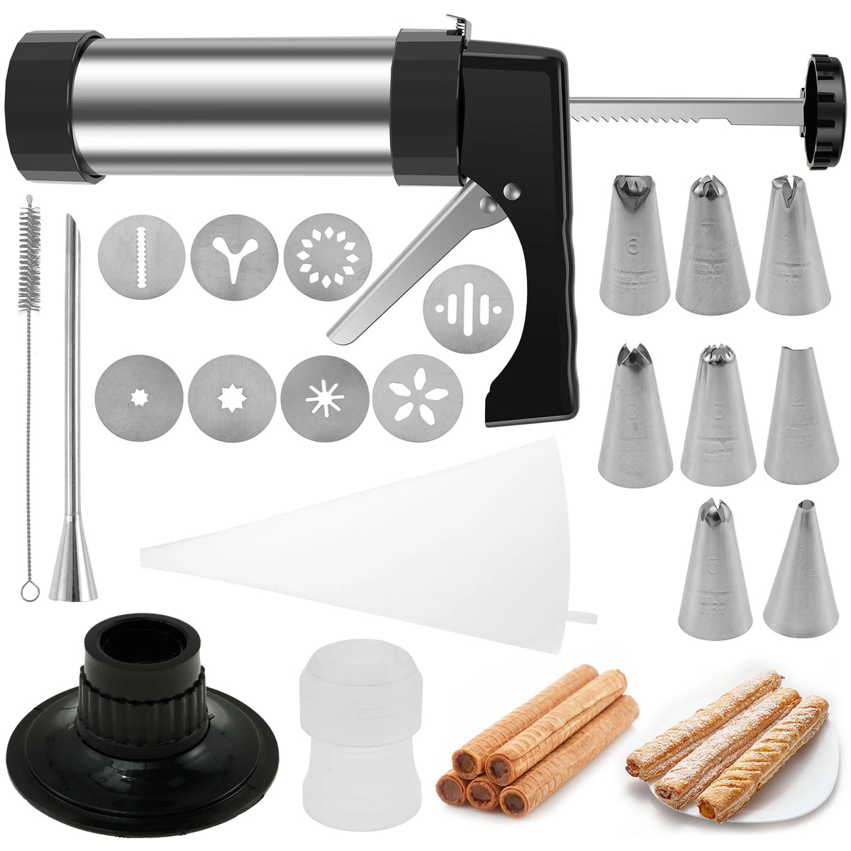 Stainless Steel Churro Maker and Cookie Press Gun Kit with 8 Nozzles