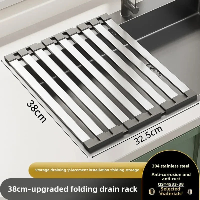 304 Stainless Steel Foldable Sink Drain Rack and Basket, Retractable, 35 to 45 cm