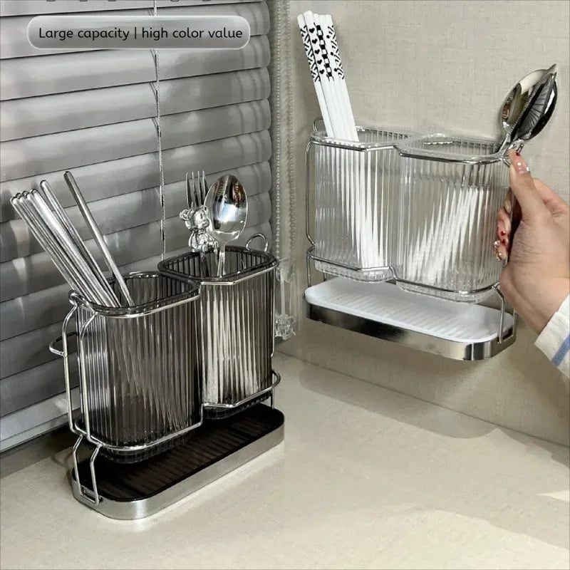 Wall-Mounted Kitchen Utensil Drying Rack and Cutlery Holder with Removable Water Tray, 3 Styles