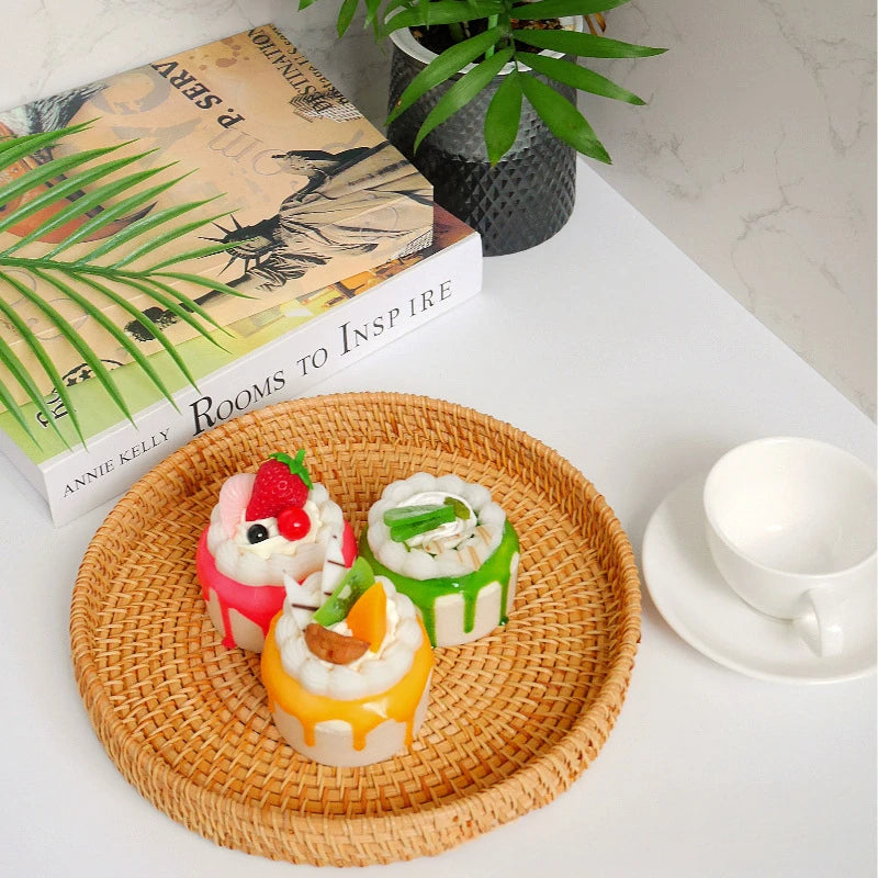 Hand-Woven Rattan Round Tray Basket, Bread and Fruit Basket, 22, 24 or 28 cm