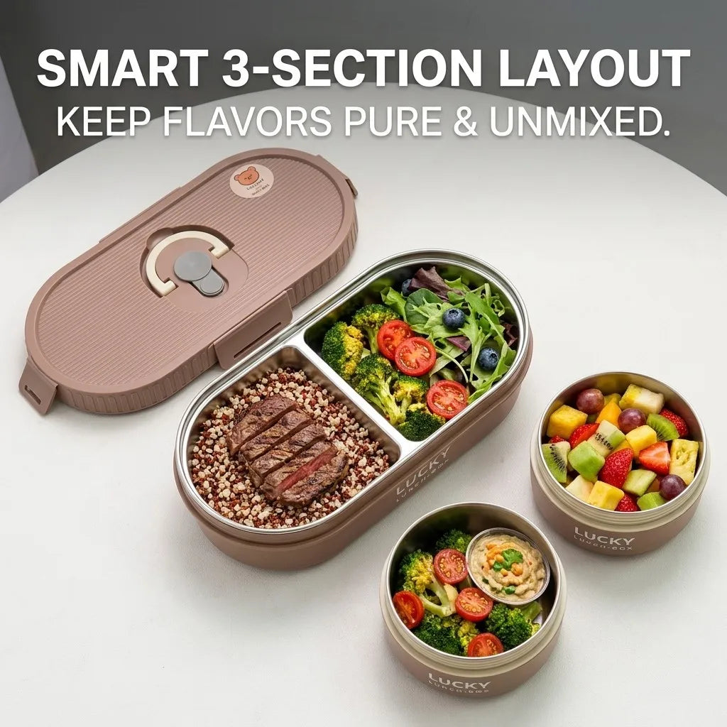304 Stainless Steel Oval Insulated Lunch Box with Dividers, Leak-Proof, 850 to 1650 ml