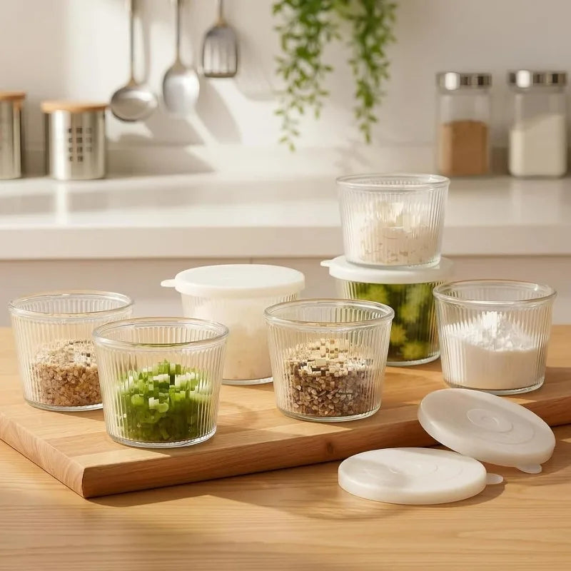 4/6PCS Small Glass Bowl with Lid Clear Stripe Glass Container Stackable for Desserts Puddings Sauces Dips Nuts Oats Candy Sweets