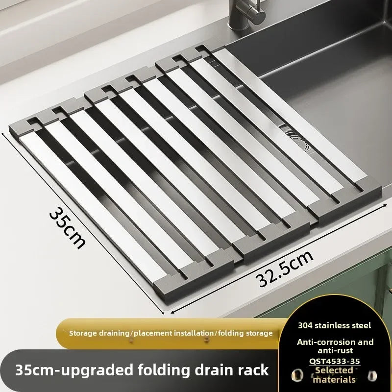 304 Stainless Steel Foldable Sink Drain Rack and Basket, Retractable, 35 to 45 cm