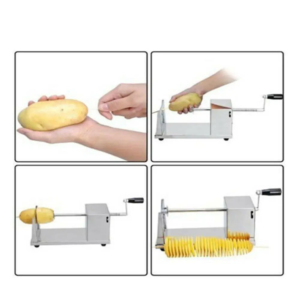 Stainless Steel Hand-Cranked Spiral Potato Cutter, Chip Maker and Apple Slicer