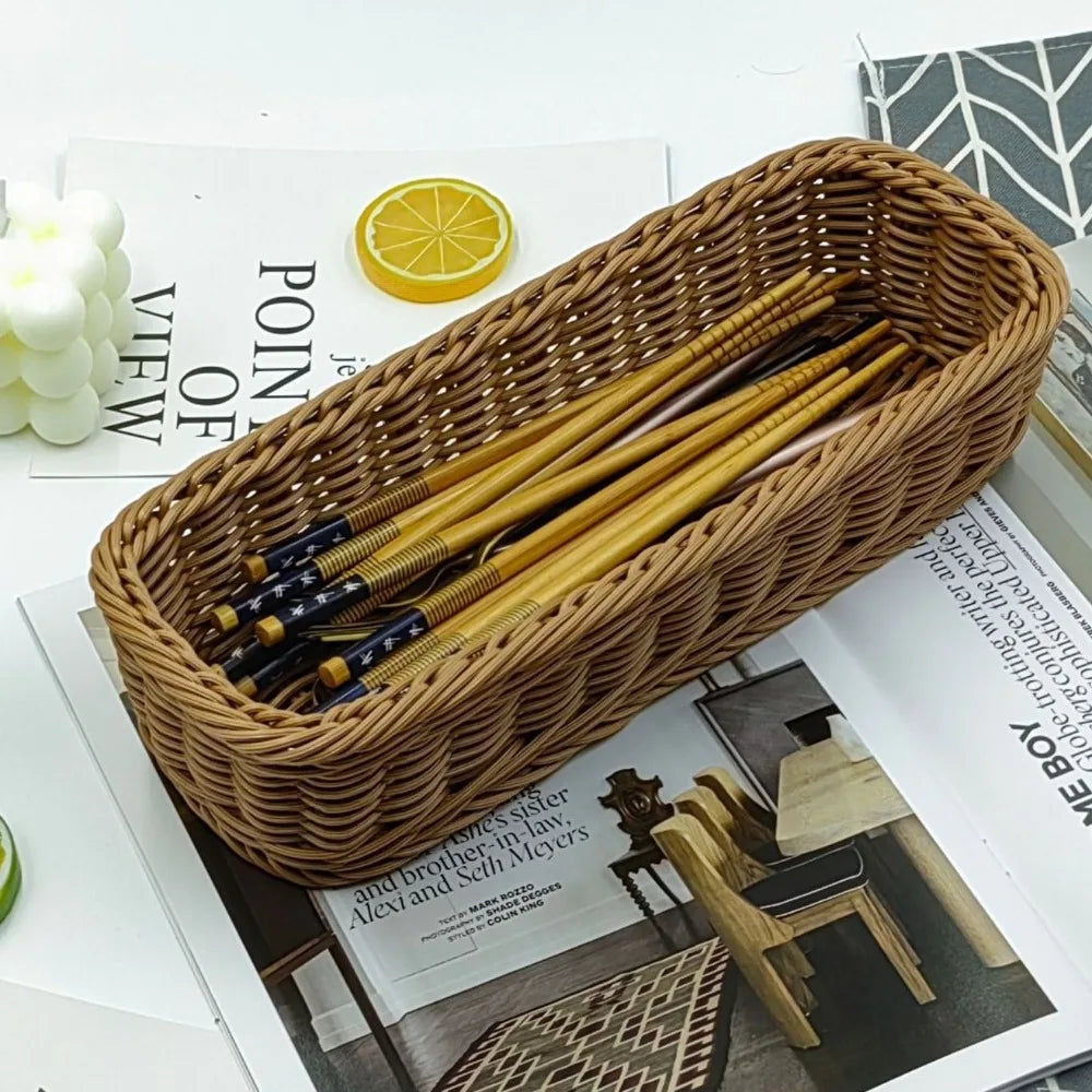 Faux Rattan Plastic Storage Basket Tray, Bread and Fruit Serving Basket, 3 Sizes