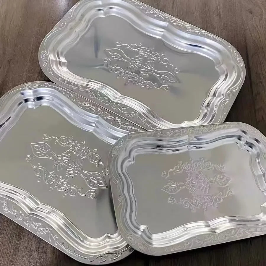 1PCS Stainless Steel Rectangular Tray with Embossed Design for Kitchen Living Room Storage Durable Fruit Snack Cake Serving Dish