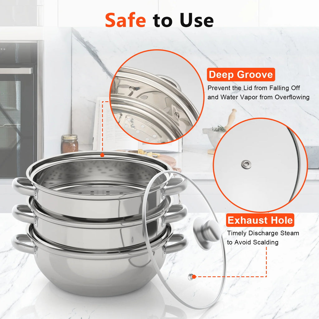 11 Inch 3-Tier Stainless Steel Food Steamer Pot with Lid