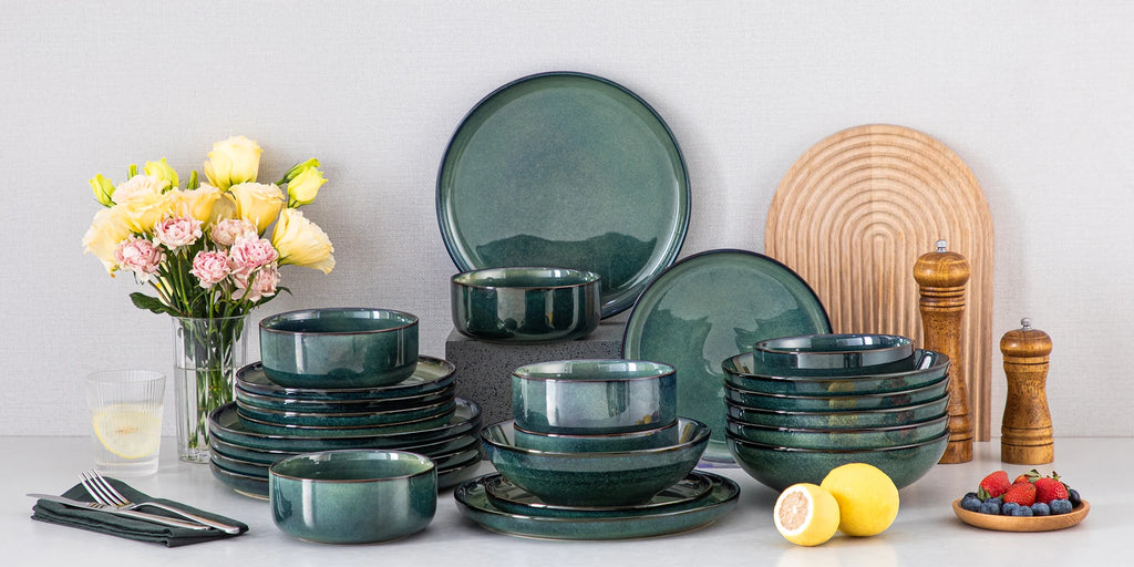 24 Piece Green Reactive Glaze Stoneware Dinner Set, Plates and Bowls for 6