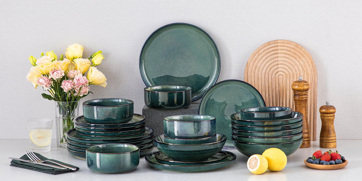 24 Piece Green Reactive Glaze Stoneware Dinner Set, Plates and Bowls for 6