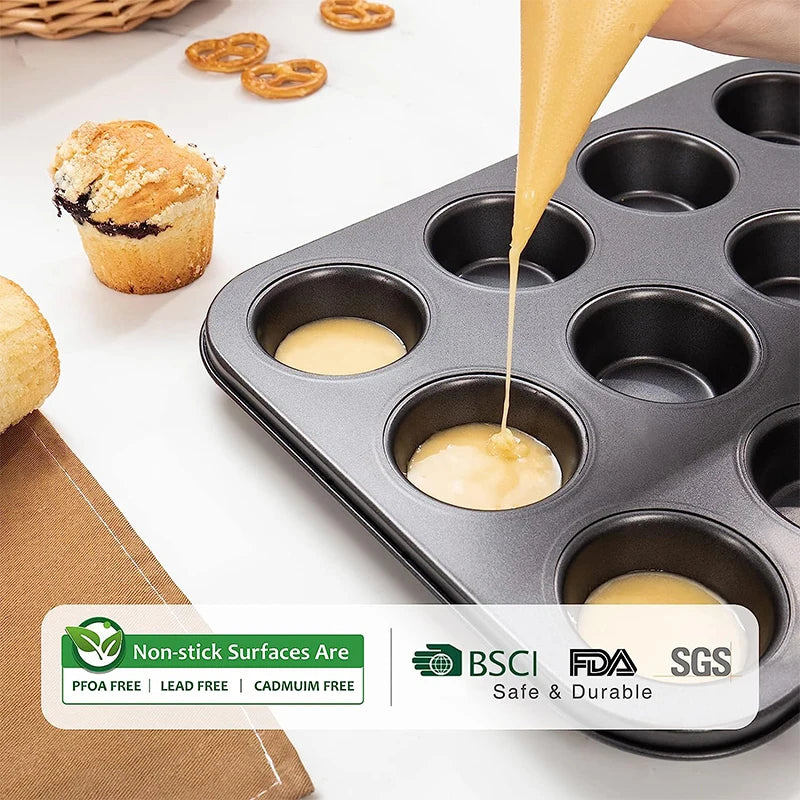 Nonstick 12 Cup Carbon Steel Muffin Tray, Cupcake Baking Pan