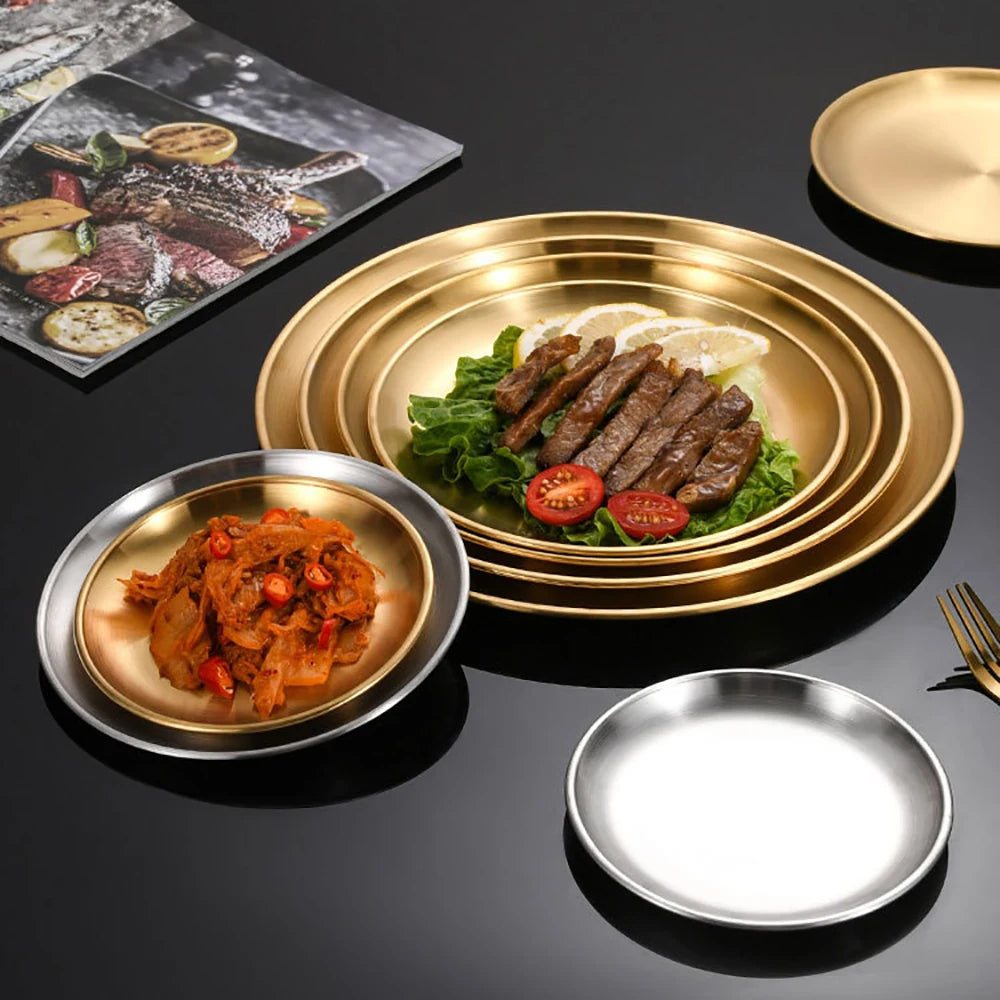 6Pcs Stainless Steel Plate Set BBQ Fried Chicken Barbecue Meat Plate Vegetable Fruit Storage Tray Party Cake Dessert Plate